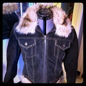 Retro black leather studded suede jacket with faux fur